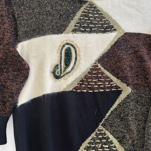 Vintage 80s 90s Cervelle Metallic Patchwork Sweater Angora Rabbit Wool Blend S - Picture 5 of 5